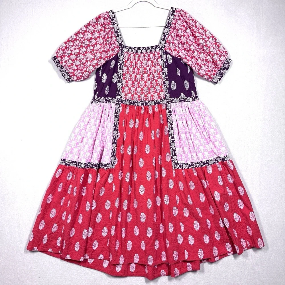 Maeve Dress‎ Womens XS Patchwork Square Neck Tape Detail Midi Peasant Cottage